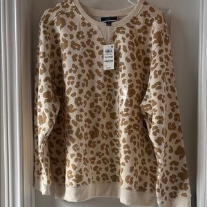 Karen Scott   Cream and Brown Crewneck Sweater with Leopard Print X L